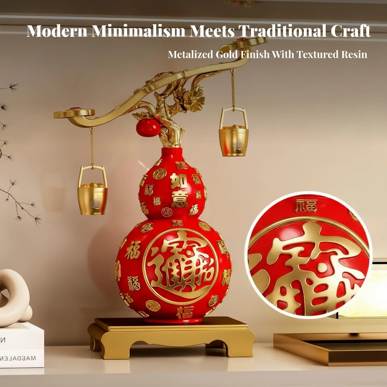 Gourd Ornament with Suspended Buckets Traditional Double-Gourd Ornament Tabletop Sculpture Chinese Desktop Decoration