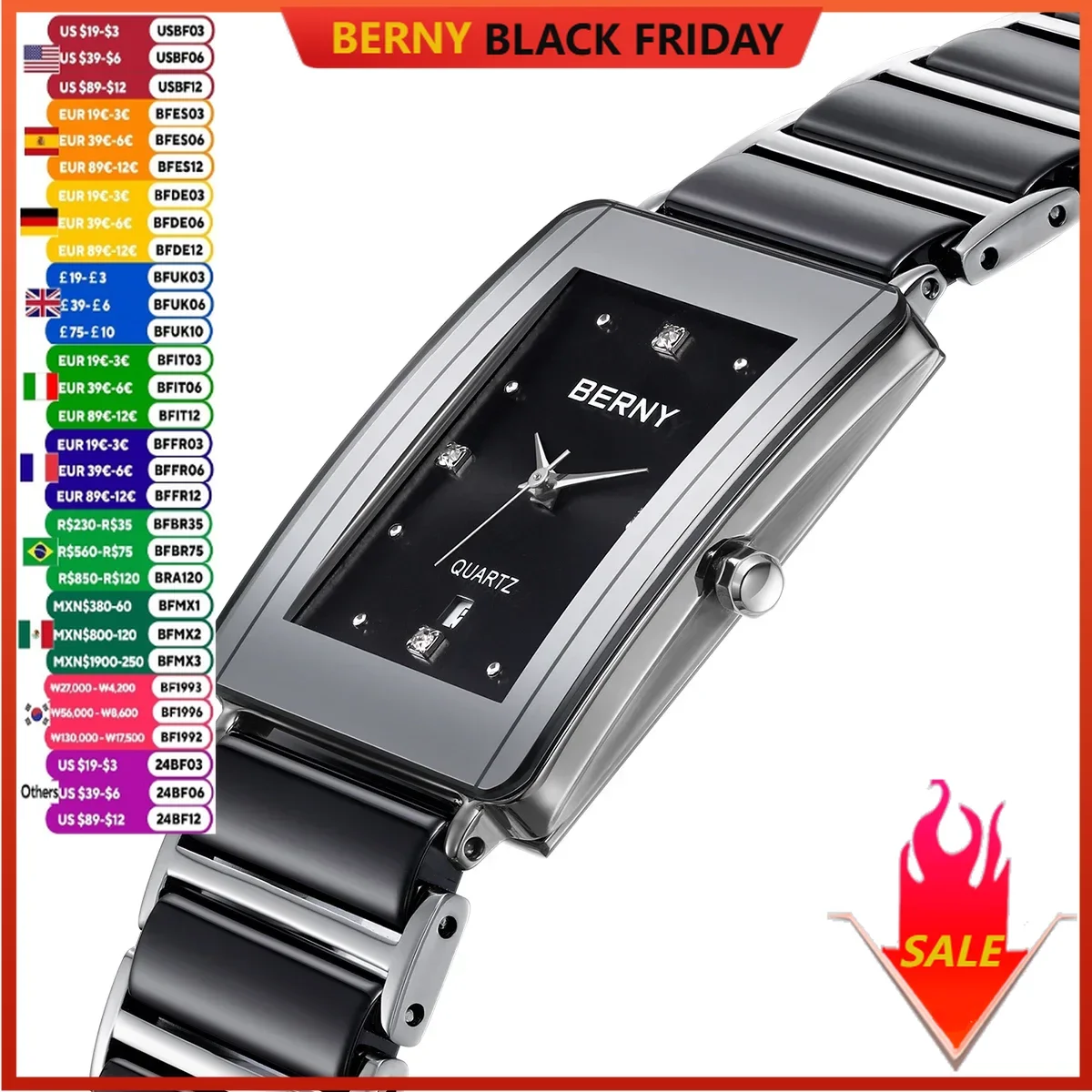 BERNY Ceramics Watches for Men Calendar Casual Simple Rectangle Quartz Male Watch Vintage Luxury Diamond Men‘s Dress Wristwatch