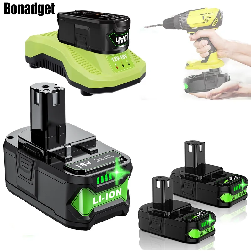 Bonadget 3. 0ah/6.0ah bateria de substituição para ryobi 18v li-lon bateria para p108 p102 p104 p105 p107 + 12v/14.4v carregador de bateria