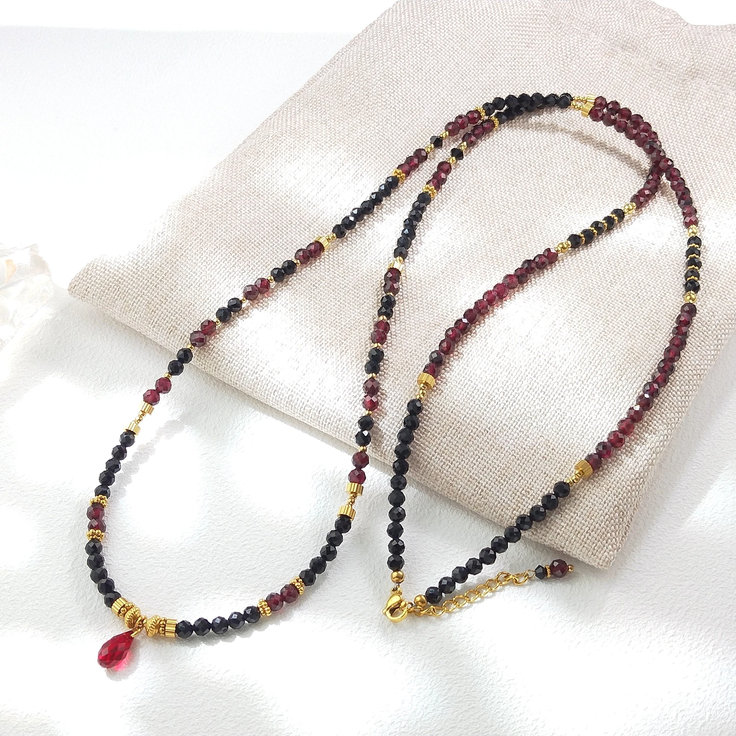 

Lii Ji Garnet Black Spinel Stainless Steel Gold Plated Waist Chain 87+3cm Natural Stone Handmade Jewelry