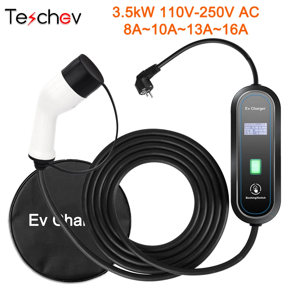 Teschev 220V 230V GBT Standard Portable EV Charger Wallbox 16A Type1 Charging Cable Type2 Cord Schuko Plug for Electric Car