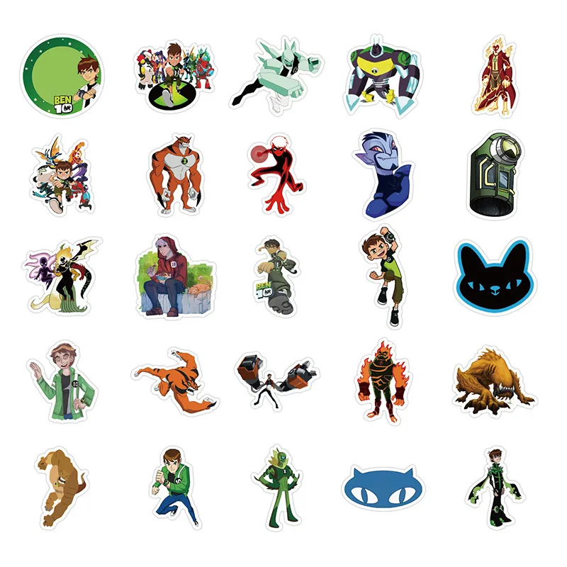 50pcs/set Ben 10 Cartoon 3D Stickers Toys Anime Figures Ben Wildmutt Four Arms Grey Matter XLR8 Upgrade Waterproof Stickers Toys