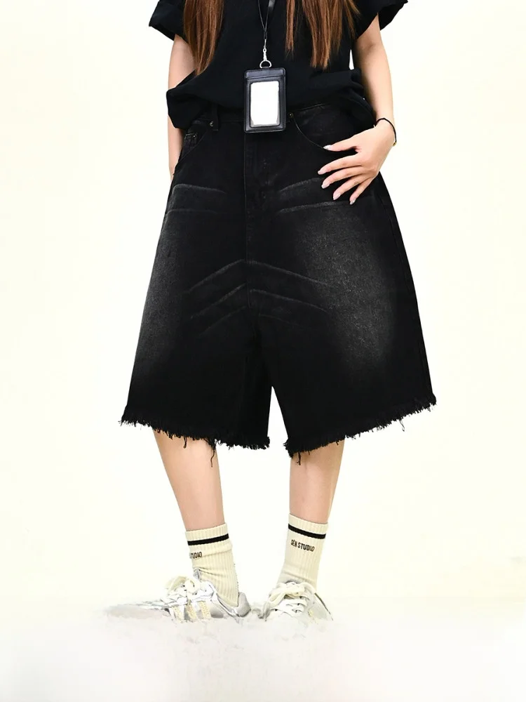 

Black Frayed Hem Denim Shorts Women's Loose Bf American Retro Versatile Five-Point Trendy Jeans Casual Spring Autumn Wear