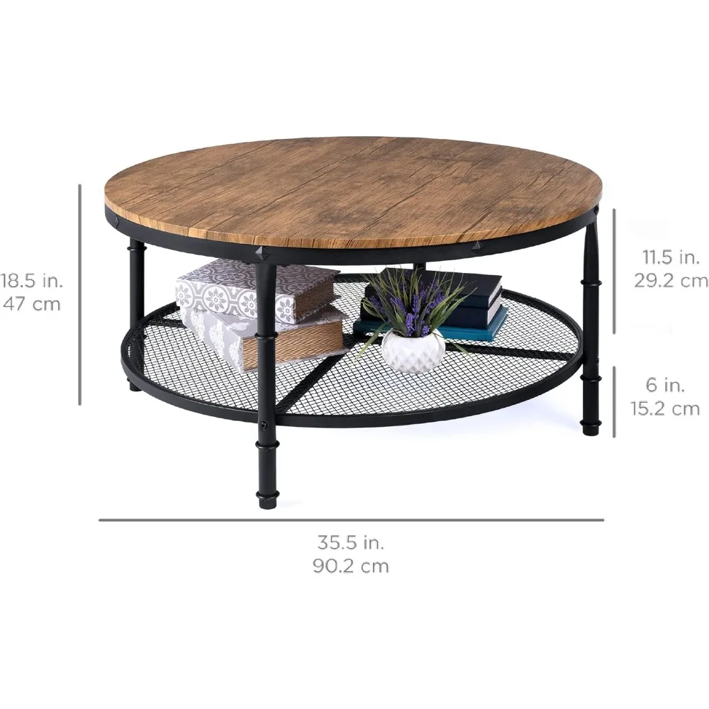 2-Tier 35.5in Ronde Industriële Salontafel, Rustieke Stalen Accenttafel Voor Woonkamer, Met Houten Tafelblad, Versterkte Dwarsbalken