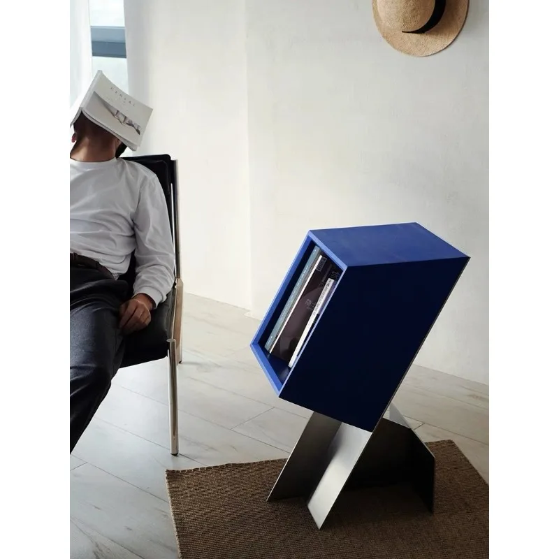 Original Klein Blue Design Magazine Cabinet Modern Minimalist Solid Wood with Stainless Steel Multi Function Corner Side Table