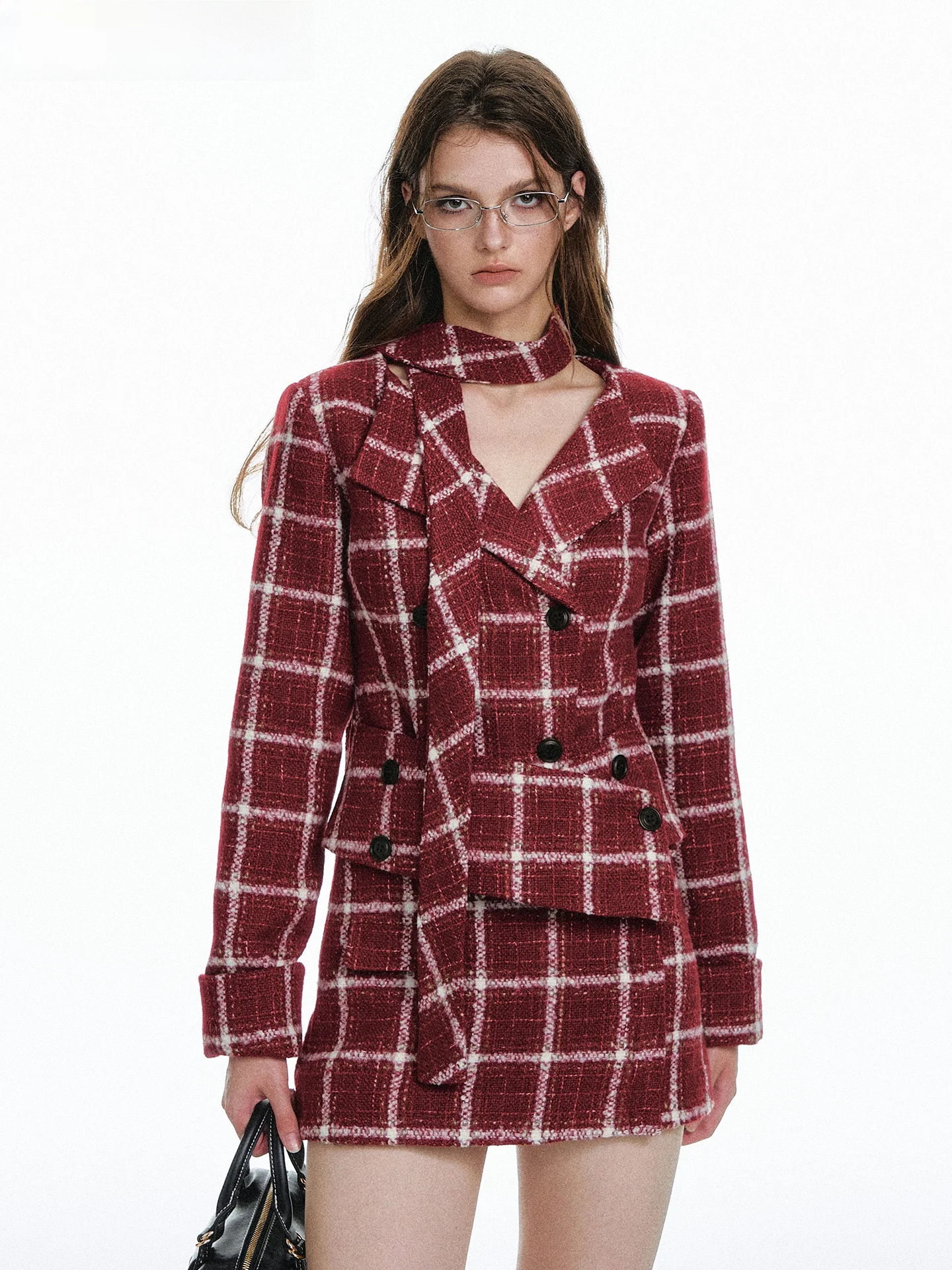 

Красный клетчатый костюм, юбка, комплект из двух предметов, винтажный женский ансамбль с отложным воротником Aosphere, осенняя одежда для работы и свиданий