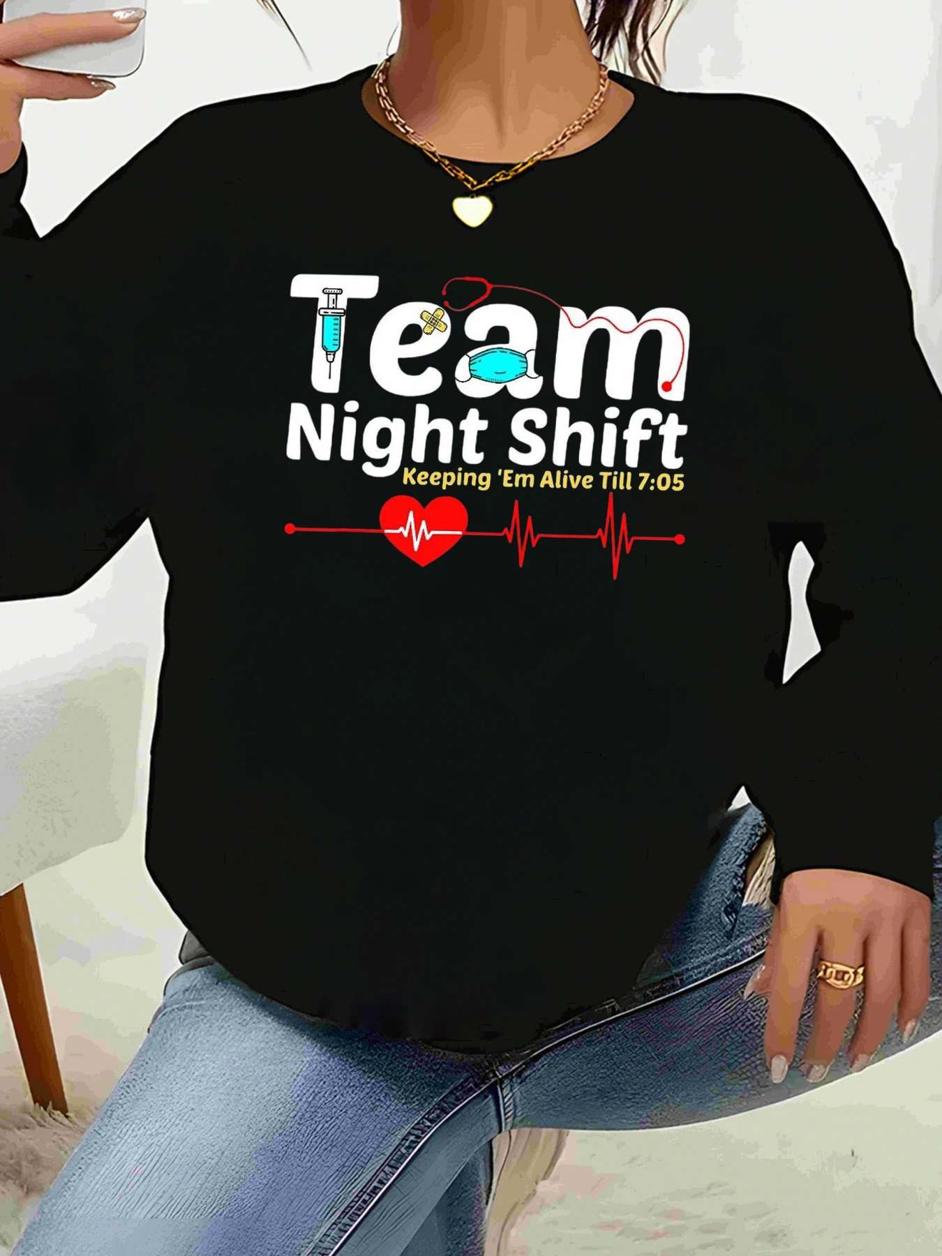 سويت شيرت Team Night Shift Nurse، ملابس كاجوال مطبوعة بنبضات القلب الطبية لعمال الرعاية الصحية #1