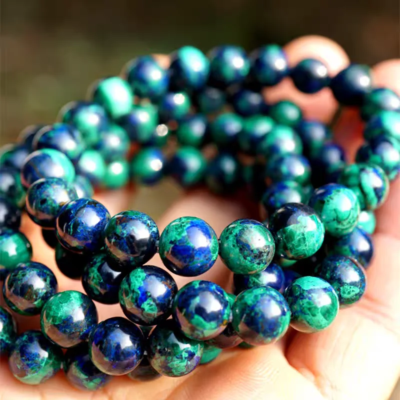 Genuine Natural Blue Malachite Azurite Bracelet Chrysocolla Round Beads Gemstone Rare Women Men Jewelry AAAAAA