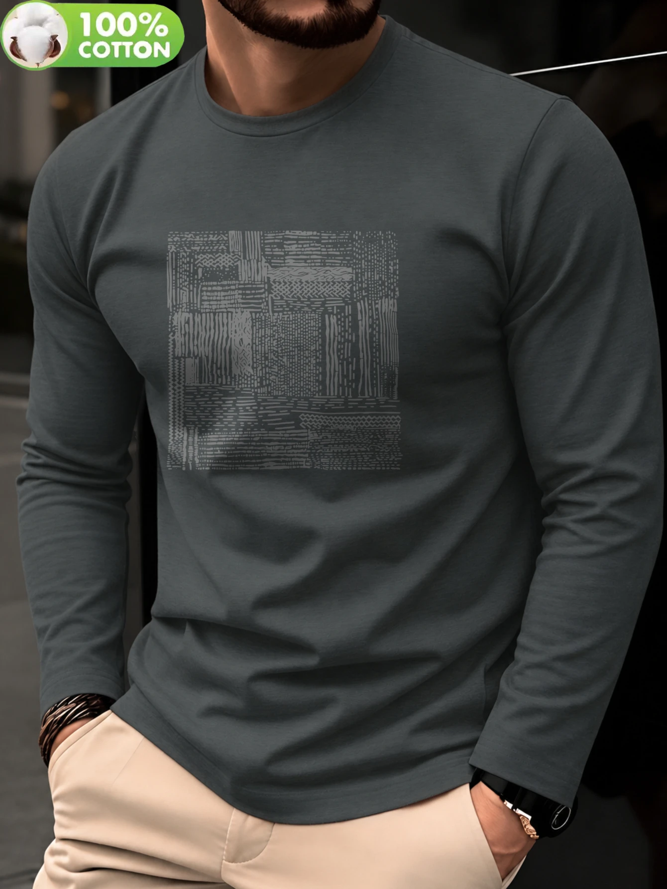 Men 100% Cotton Long Sleeve T Shirt Comfortable Printed Crew Neck Tee Casual Trendy Spring Autumn Basic Tops Commute Daily Wear