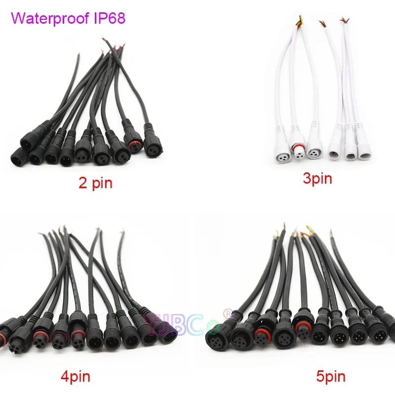 2pin 3pin 4pin 5pin White/Black Cable 20cm Pigtail Male to Female Jack Waterproof IP68 wire led Connector for LED Light