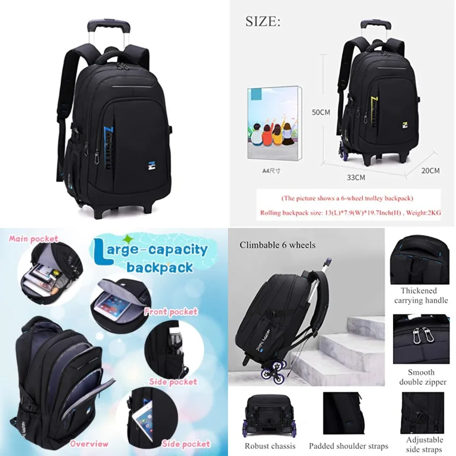 

Solid Color Trolley Backpack Schoolbag for Middle School Students Elementary Rolling Bag Daypack for Teen Boys