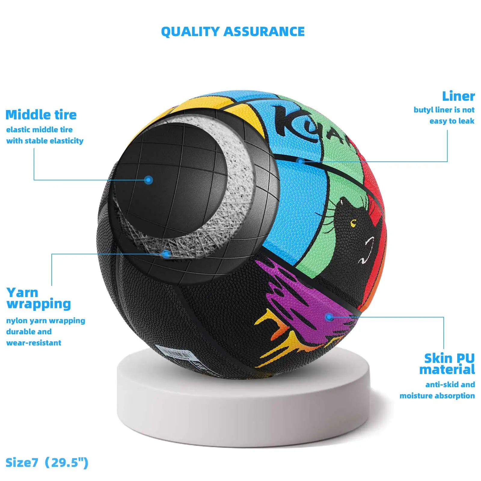 Bola Basket Kuangmi, Bola Basket Kucing Ukuran 7(29.5"), Dalam dan Luar Ruangan, Hadiah Baru Yang Menyenangkan untuk Pecinta Kucing dan Bola Basket.KMBB516AA