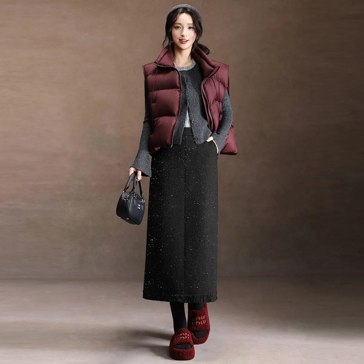 LOUIS YAO New Fashion High-Waisted A-Line Skirt 2025 Winter Sweet Fine Sparkle Long-Length Ruched Versatile Women's Slit Skirt