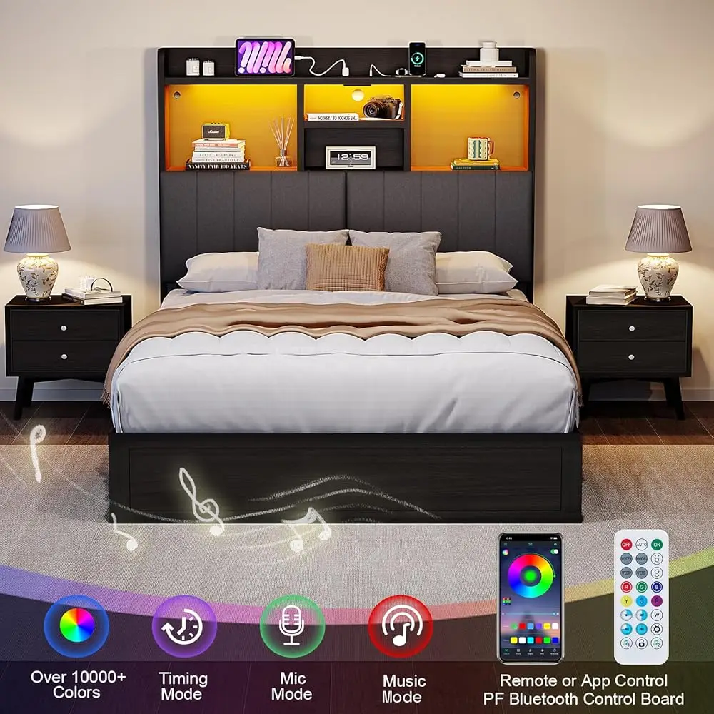 Rangka Tempat Tidur Penuh Dengan Headboard Rak Buku, Tempat Tidur Platform Berlapis Rumah Pertanian Dengan 4 Laci Penyimpanan, Tempat Tidur Led Dengan Pengisian Daya