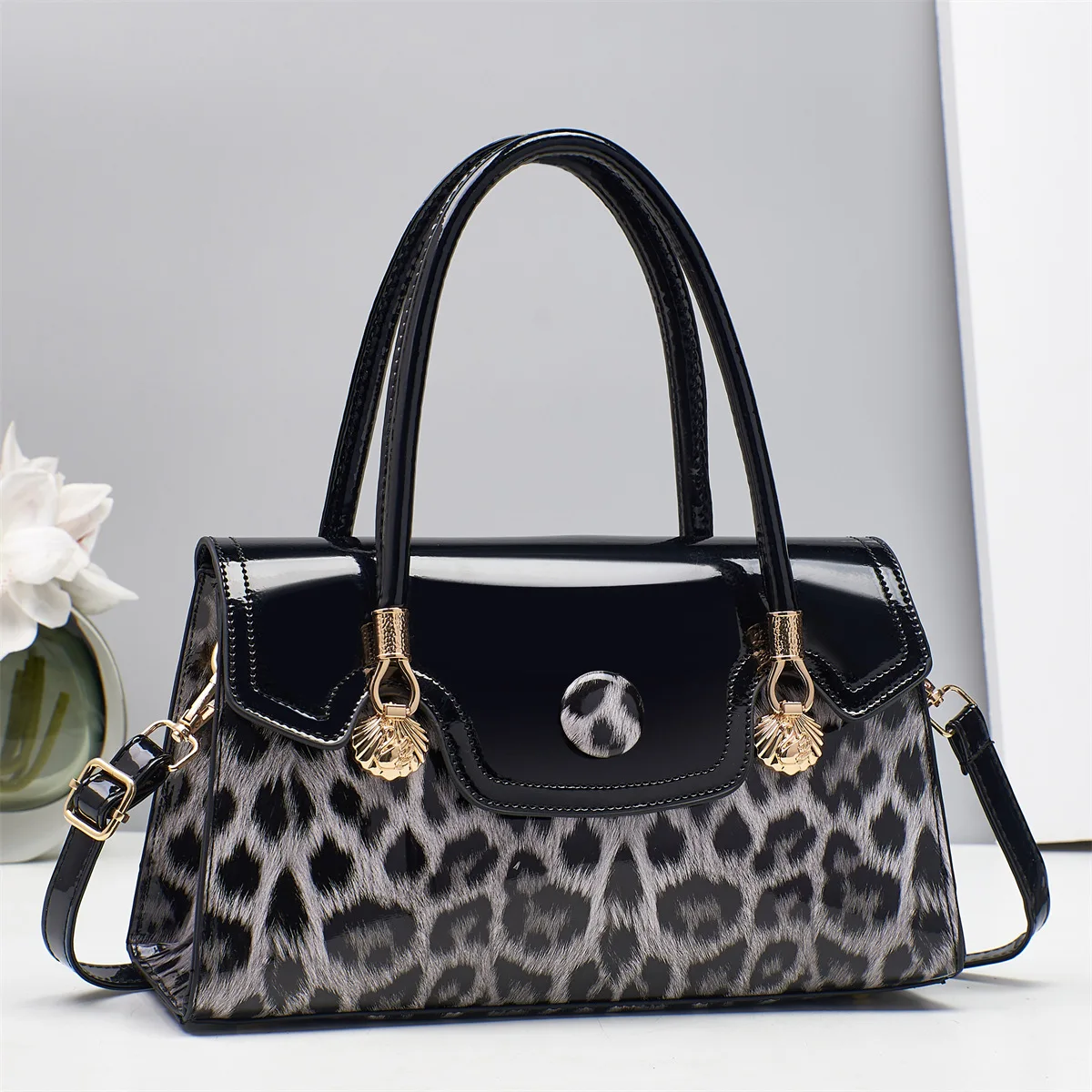Bright Leather Top-Handle Bag  Leopard Pattern Women Tote Large Capacity  Work Shopping Travel  High-End Crossbody Shoulder Bag