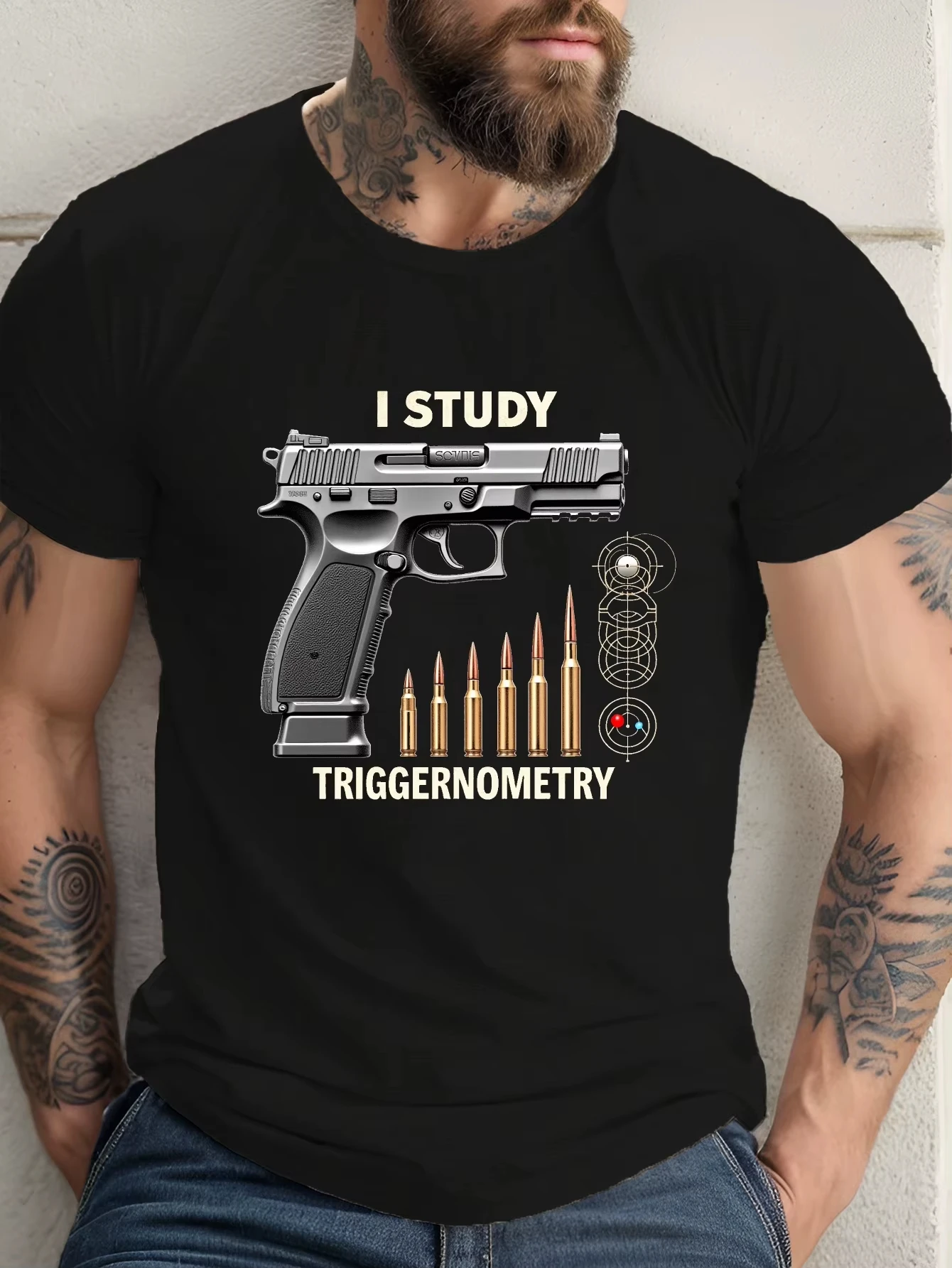 New Men Casual Loose Summer T-shirt Pistol Illustration and Geometric Patterns Trendy and Fashionable Made of Pure Cotton Soft
