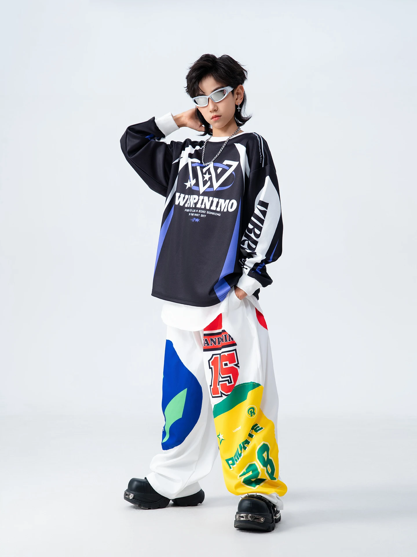 2025 الأطفال الهيب هوب أزياء رقص للبنين قمصان فضفاضة الهيب هوب السراويل الفتيات الشارع الشهير الحديثة أداء الجاز الزي DQS20857