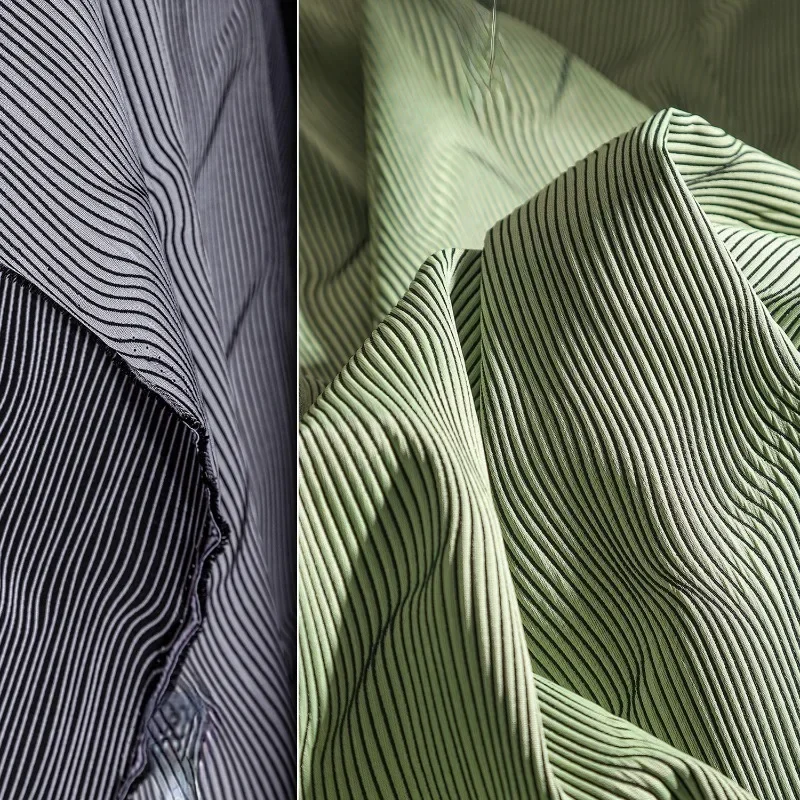 Green Line Jacquard Fabric 3D Stereoscopic Vision Illusion Polyester Double Color Folded Texture Coat Clothing Designer Fabrics