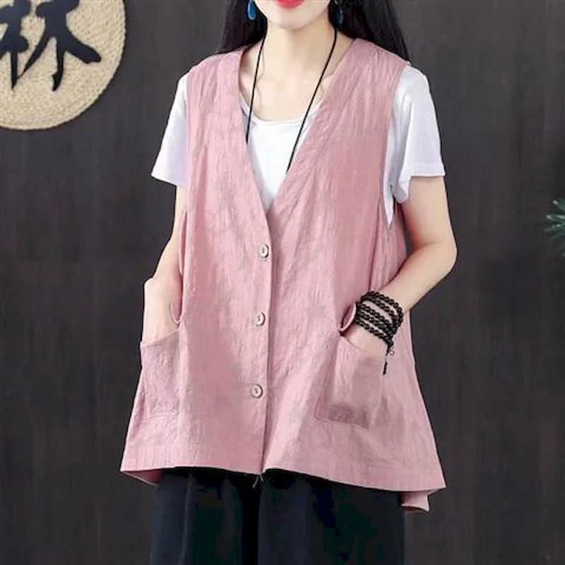 Sleeveless Vest for Women Tops Cotton Linen Solid Casual Loose Tanks V-neck Single Breasted Korean Style Cardigan Women Clothing