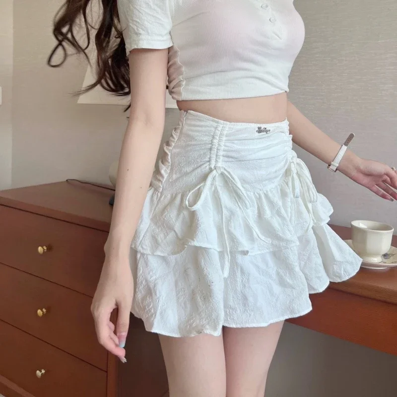 Deeptown-minifalda con volantes Fairycore para mujer, faldas cortas Kawaii de encaje blanco, ropa plisada en capas, moda coreana
