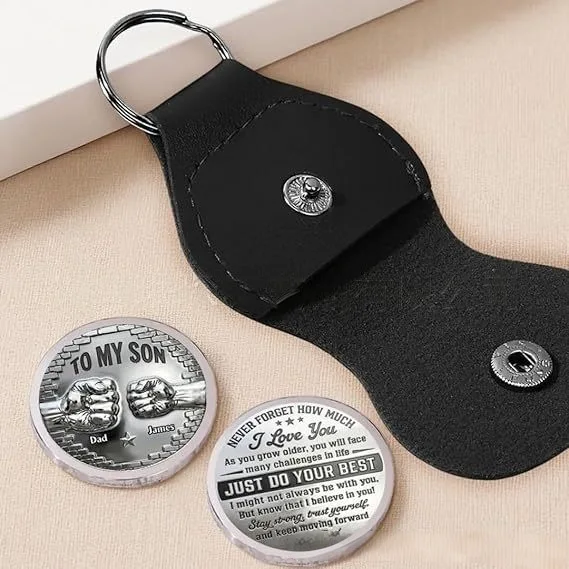 Personalized To My Son Pocket Hug Coin From Dad Custom Keychain With Leather Pocket Father to Son Keepsake Gifts Graduation Gift