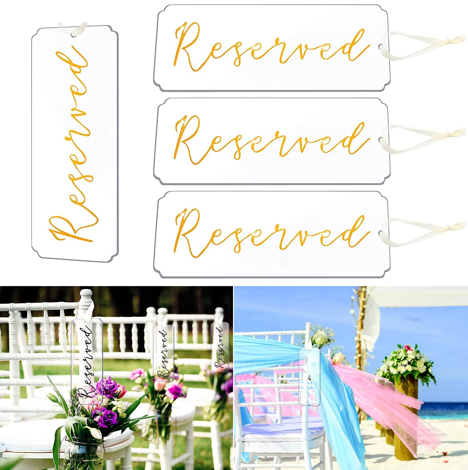 Clear Acrylic Blank Tag Reserved Sign for Wedding Chair Tag Hanging with Ribbon for Party Event Church Pew Chair and Restaurant