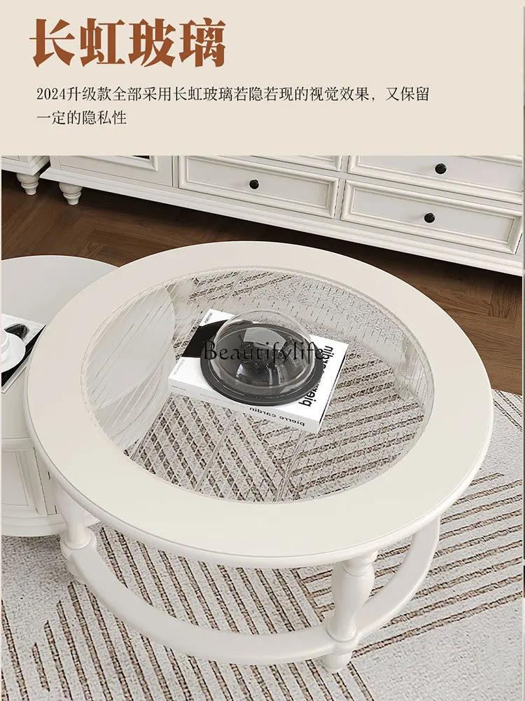 American solid wood coffee table combination French small apartment cream wind retractable Changhong glass round tea table