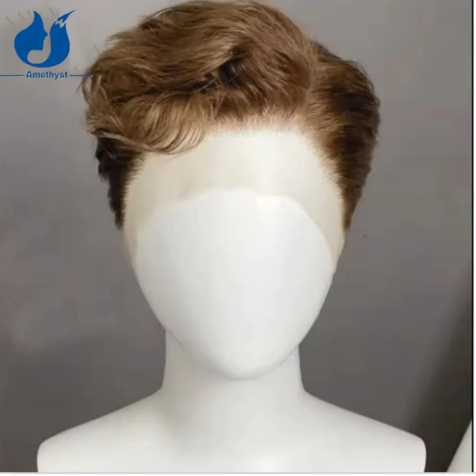 جمشت 13x6 الجانب جزء متموج الدانتيل شعر مستعار أمامي للرجال قصيرة عابث قطع البرازيلي ريمي الذكور الشعر متوسط اللون البني قبل قطعها