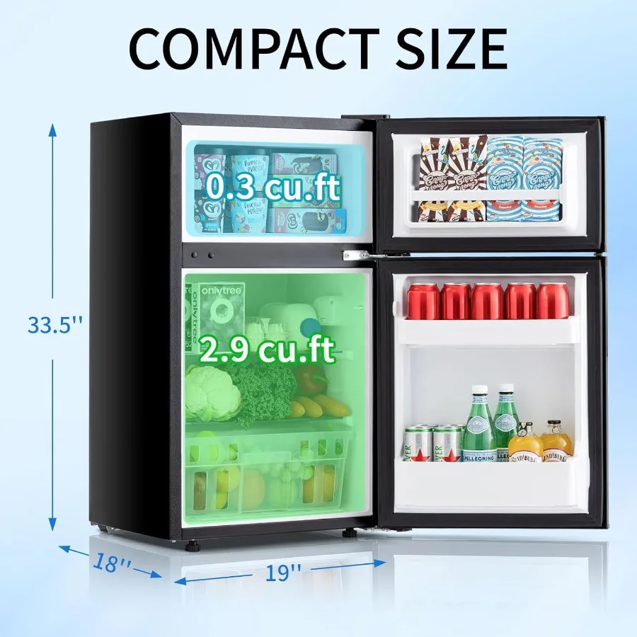 ثلاجة مدمجة 3.2 قدم مكعب ثلاجة صغيرة مع فريزر وإعدادات 7 درجات الحرارة للنوم أو الشقة تستخدم تصميم باب مزدوج