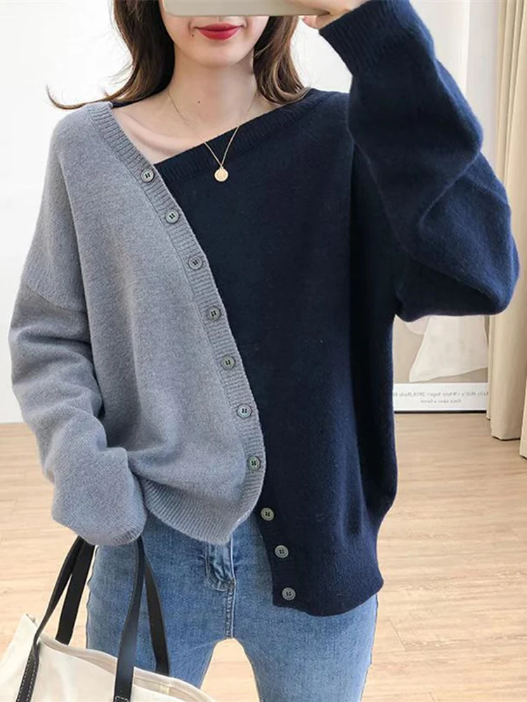 Fashion Women Pullovers Diagonal Buttons Knitted Sweaters Irrgular Raglan Sleeve Office Lady Knitwear Streetwear Jumper Tops