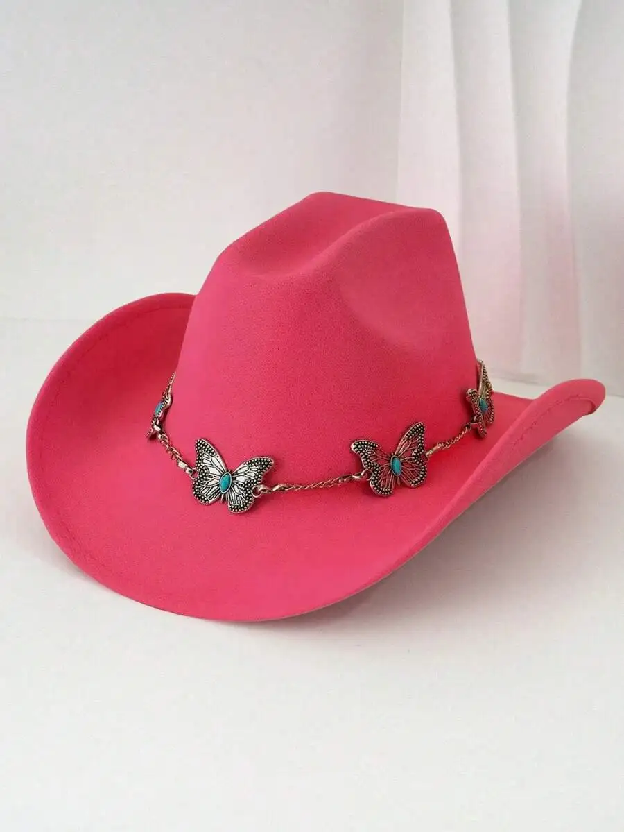 

Pink Western Cowboy Hat With Metal Butterfly Accessories For Adults Fashion Events