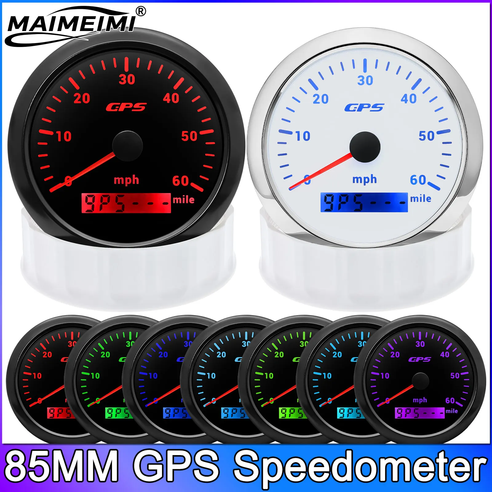 

85 мм GPS-спидометр с GPS-антенной 0-60 миль в час для мотоцикла, морской лодки, автомобиля, грузовика, измеритель скорости, 7 цветов, подсветка