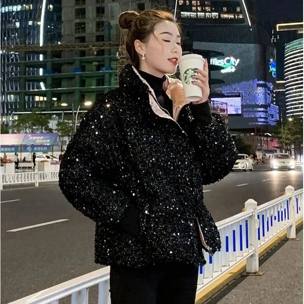 Warm Colorful Starry Sky Sequins In Winter Online Celebrity Eiderdown Cotton-padded Jacket Loose Heavy Industry Embroidery Coat