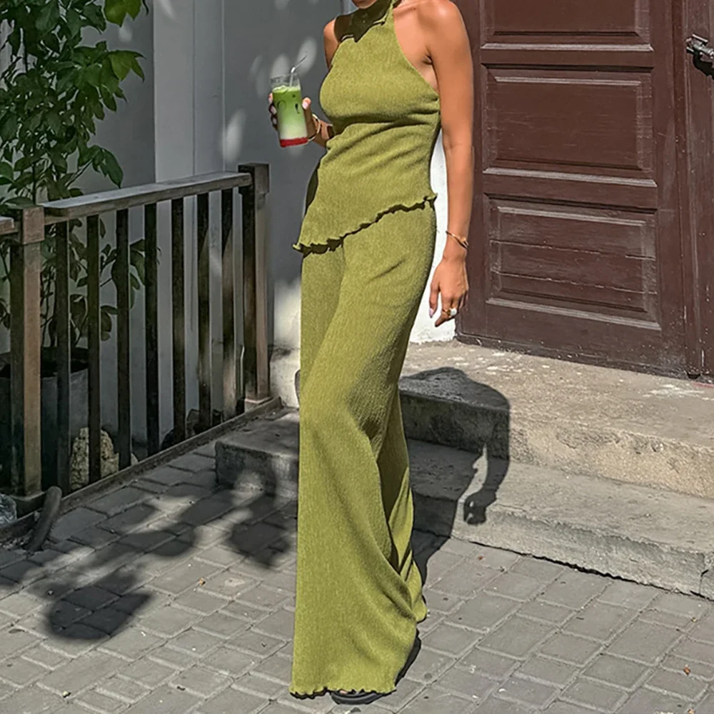 

Sets Summer Fashion Daily Asymmetrical Wavecut Off Shoulder Halter Neck Natural Waist Full Length Casual Sets For Women