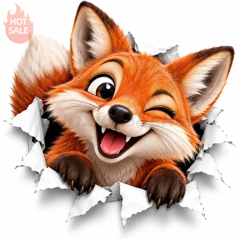 Funny Fox 3D Effect Cute Cartoon Breaking Through Sticker For Car Bumper And Laptop UV Protection Vinyl Decal Vehicle Decor
