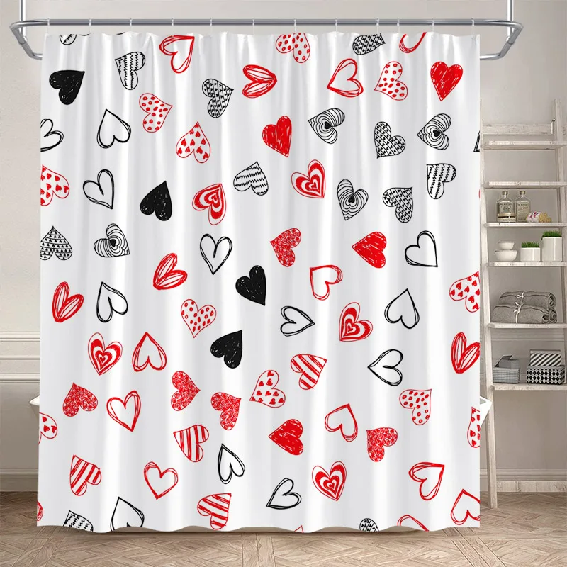 HNRRHN Shower Curtain Black Red Heart Valentine's Day Bath Curtains Modern Polyester Fabric Home Bathroom Decor with Hooks