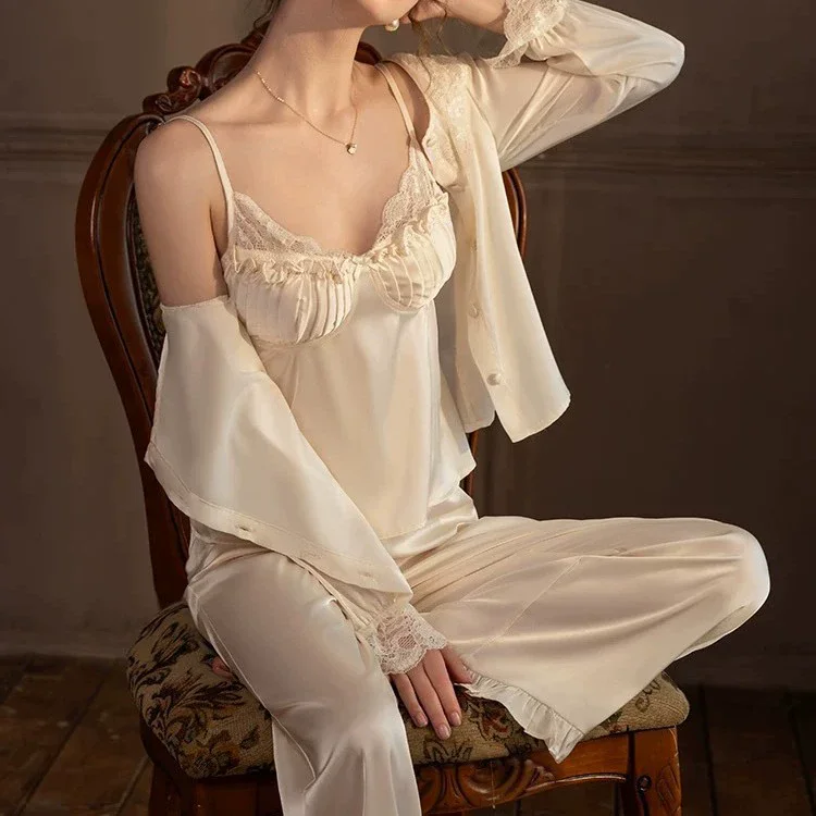 

Женский пижамный комплект из 3 предметов, элегантная одежда для сна во французском стиле, одежда для дома, весна-осень, новый шелковый атласный брючный костюм, одежда для отдыха