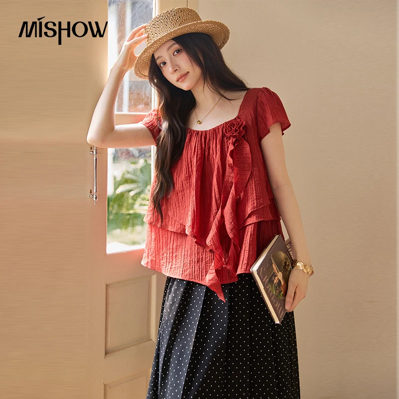 

MISHOW Retro Red Square Neck 3D Rose Blouse For Women 2026 Summer Solid Ruffled Tiered Hem Loose Gentle Romantic Top MXF27X2684