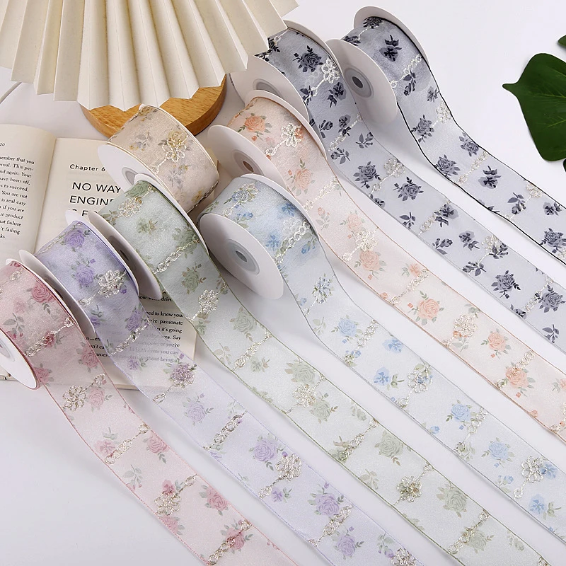 

5yards 40mm Pearlescent Organza Rose Print Chiffon Ribbon for Clothing Sewing DIY Hair Bows Hat Decor Craft Accessories Supplies