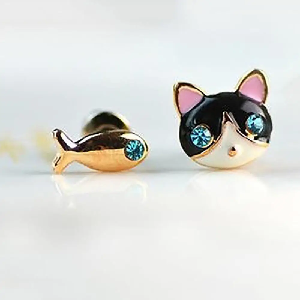 

1 Pair Korean Women Cute Cat Fish Rhinestone Stud Earrings Fashion Jewelry