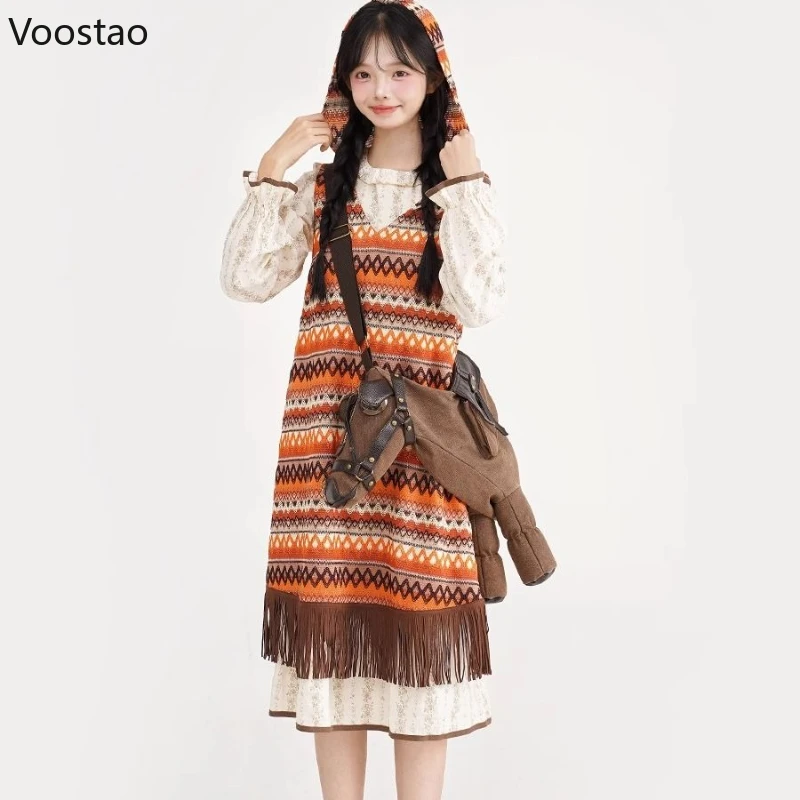 

Осеннее милое платье, комплект из 2 предметов, женский повседневный жаккардовый вязаный жилет с капюшоном, платье-рубашка, костюм, женский винтажный наряд в стиле бохо