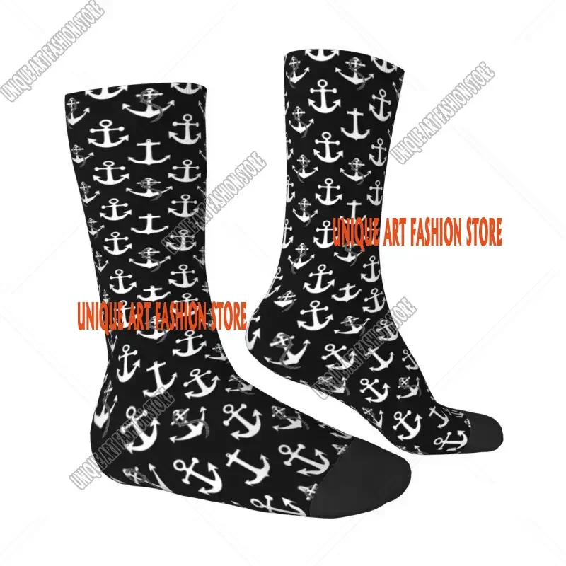 Kawaii Mens Black And White Nautical Anchor Pattern Male Dress Sock Unisex Breathable Hip Hop Funny Sailing Sailor Crew Socks