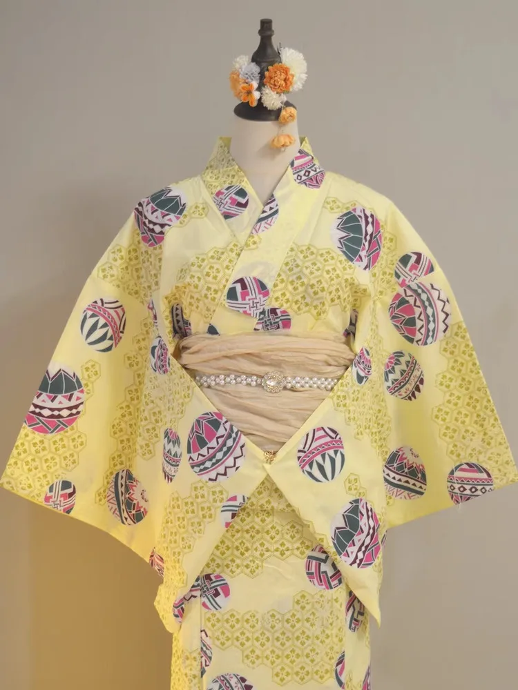 Traditional Yukata Kimono Cotton Fabric Bathrobe Women's Dress Yellow Background Hand Embroidery Daily Stage Performance Wedd...