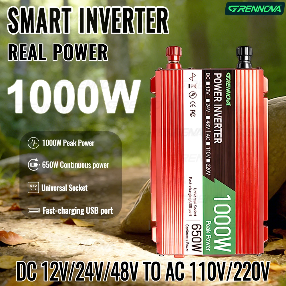 Grennova 1000W High-Power True Rated Inverter DC 12V/24V/48V to 110V/220V AC Featuring USB & AC Outlets for On-the-Go Power