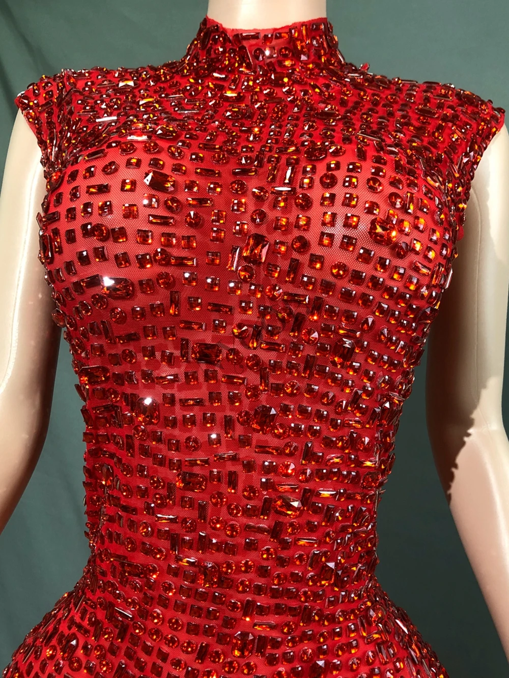 Sparkly Red Rhinestone Sleeveless Stretch Long Dress Women Sexy Mesh Celebrate Evening Prom Birthday Dress Photo Shoot Show Wear