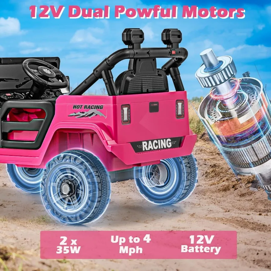 Elektryczny pojazd dla dzieci typu Ride on Truck, zasilany akumulatorem 12V, zdalnie sterowany, z wyświetlaczem mocy Bluetooth, światłami LED, odtwarzaczem muzyki.