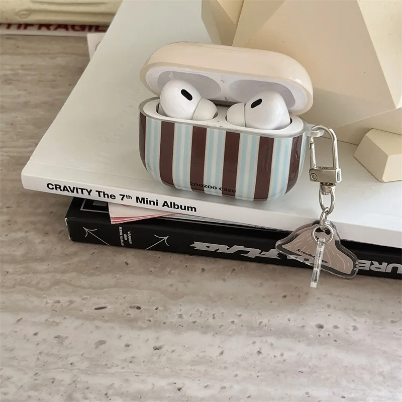 حافظة مخططة باللون البني والأزرق لأجهزة AirPods 4 1 2 3 غطاء لأجهزة AirPods Pro2 سماعة لاسلكية تعمل بالبلوتوث حافظة واقية مع قلادة جرو #5