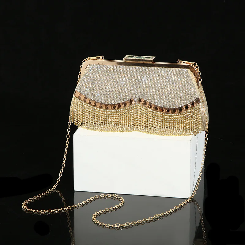 Lady Dress Full of Diamond Dinner Bag Crossbody Bag Party Bridesmaid Tassel Rhinestone Portable Banquet Handbag BM099