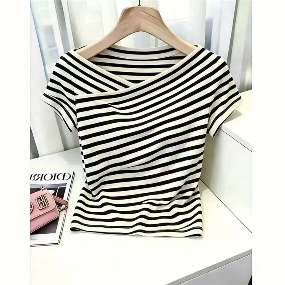 Kurzärmliges Strick-T-Shirt Vintage Gestreiftes T-Shirt Damenkleidung Sommer Eleganter Kühler Seiden-V-Ausschnitt Pullover Mode Lässige Schlanke Oberteile – Detail 5