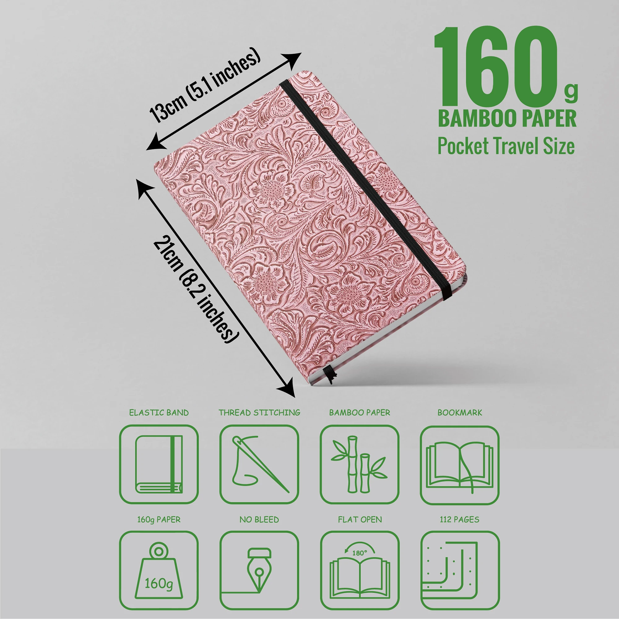 BUKE Retro-Notizbuch mit Blumenmuster und Punkten, 3D-geprägtes Kunstleder, A5-Format, Hardcover, 160 g/m² dickes Papier, Notizbuch mit 5x5-mm-Punktraster. – Detail 9